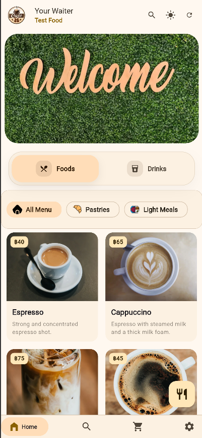 Your Waiter home menu with food and drinks categories