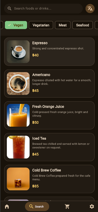 Your Waiter search filter screen